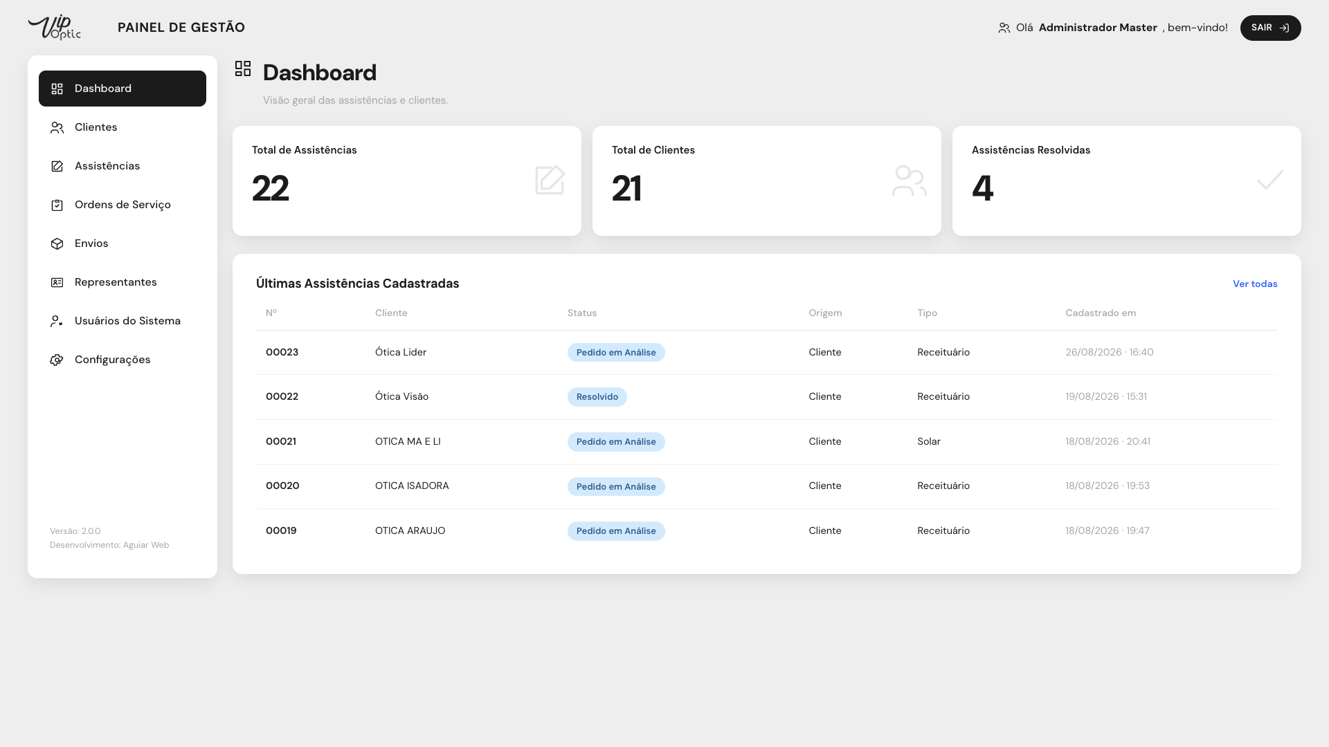 Vip Optic — Sistema de Atendimento & Gestão - Painel do Cliente